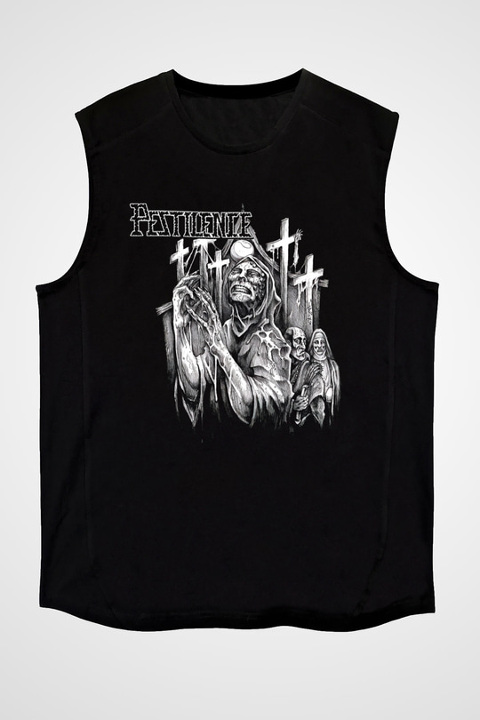 Pestilence Baskılı Unisex Siyah Kolsuz Tişört - Tshirt