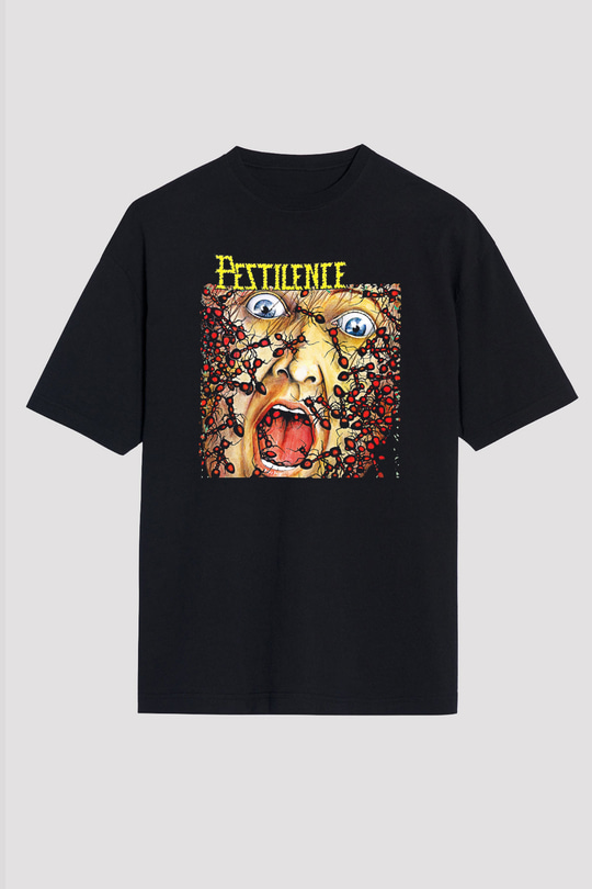 Pestilence Baskılı Unisex Siyah Oversize Tişört - Tshirt