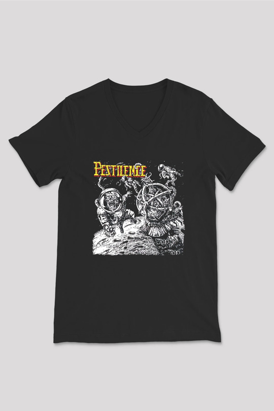 Pestilence Baskılı Unisex Siyah V Yaka Tişört - Tshirt