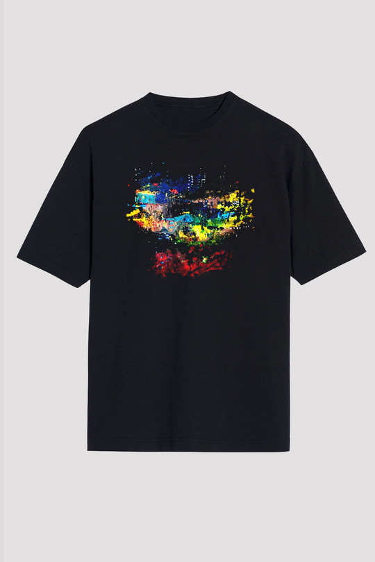 Peyzaj Siyah Unisex Oversize Tişört T-Shirt
