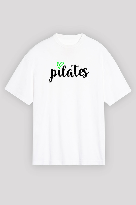 Pilates Baskılı Unisex Beyaz Oversize Tişört - Tshirt