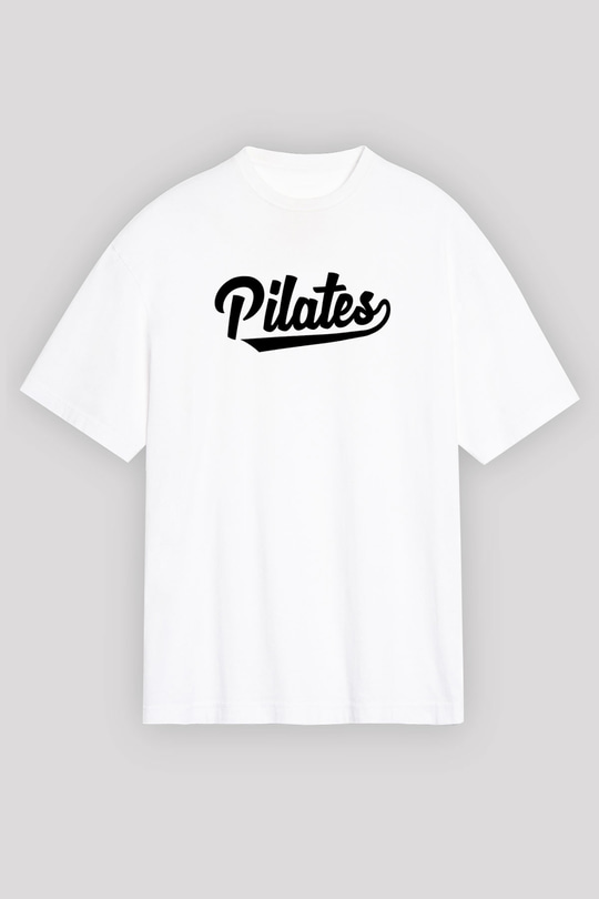 Pilates Baskılı Unisex Beyaz Oversize Tişört - Tshirt