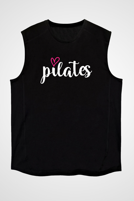 Pilates Baskılı Unisex Siyah Kolsuz Tişört