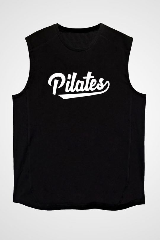 Pilates Baskılı Unisex Siyah Kolsuz Tişört