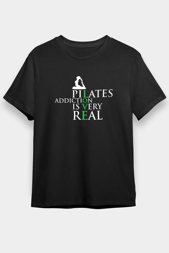 Pilates Baskılı Unisex Siyah Tişört - Tshirt