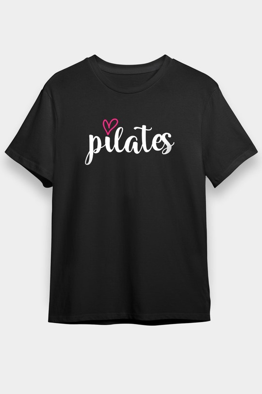 Pilates Baskılı Unisex Siyah Tişört - Tshirt
