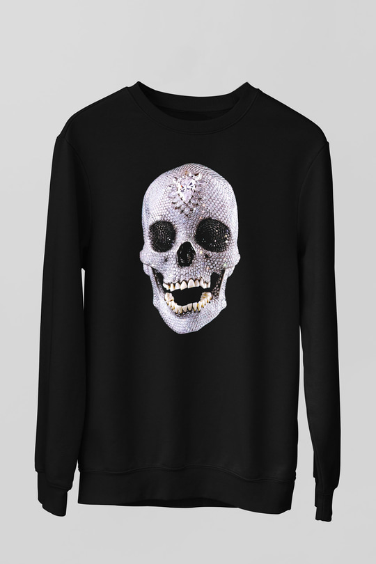 Pırlanta Taşlı Kurukafa Baskılı Unisex Siyah Sweatshirt