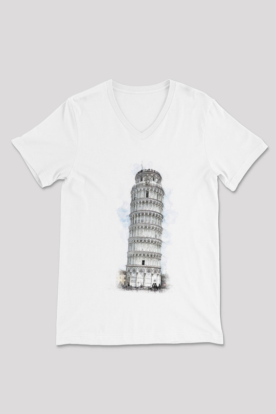 Pisa Kulesi Beyaz Unisex V Yaka Tişört