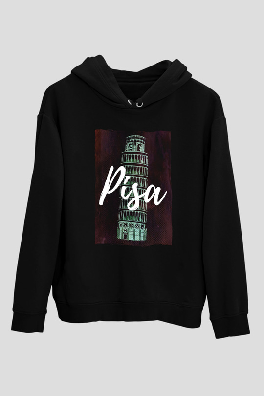 Pisa Kulesi Siyah Unisex Hoodie