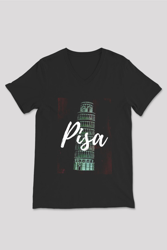 Pisa Kulesi Siyah Unisex V Yaka Tişört