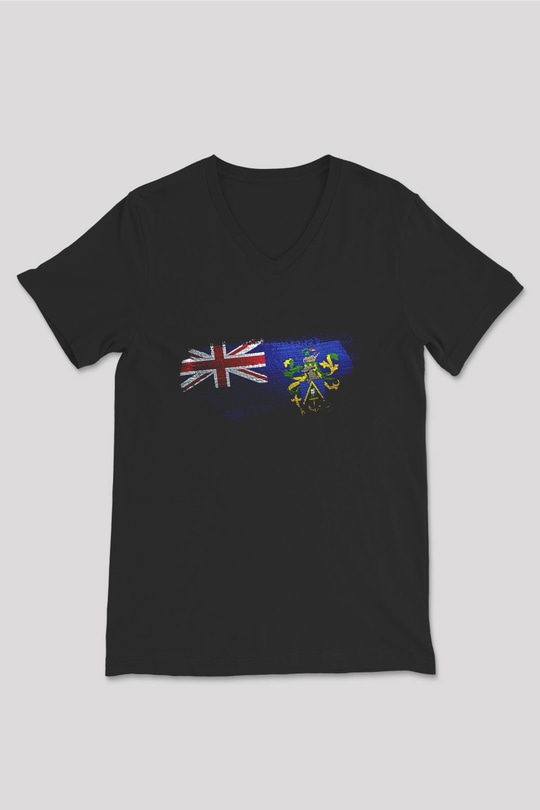 Pitcairn Adaları - Pitcairn İslands Bayrağı Baskılı Unisex Siyah V Yaka Tişört