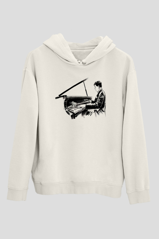 Piyanist Beyaz Unisex Kapüşonlu Sweatshirt
