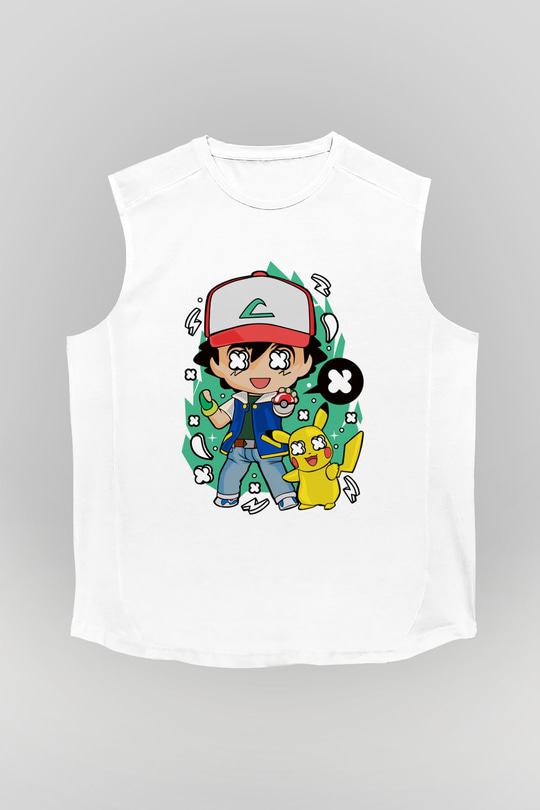 Pokemon Baskılı Unisex Beyaz Kolsuz Tişört