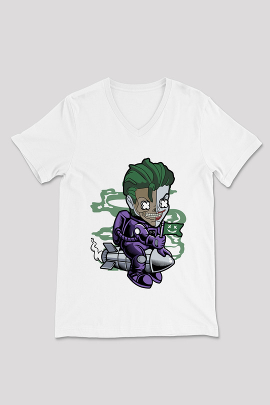 Poker Roket Rider Baskılı Unisex Beyaz V Yaka Tişört