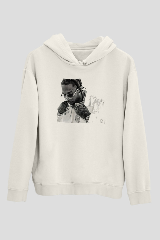 Pop Smoke Baskılı Beyaz Unisex Kapüşonlu Sweatshirt