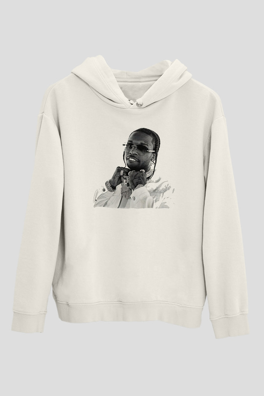Pop Smoke Baskılı Beyaz Unisex Kapüşonlu Sweatshirt