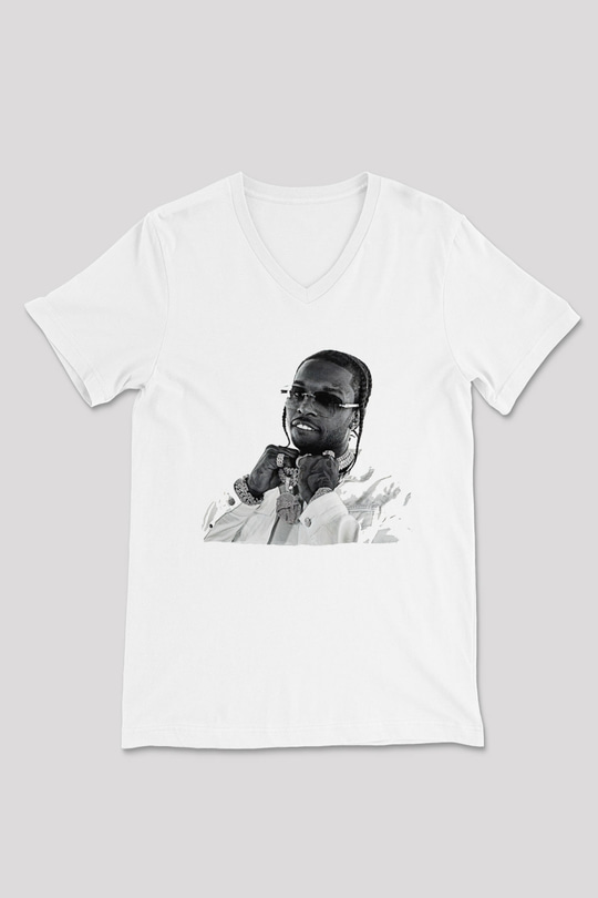 Pop Smoke Baskılı Beyaz Unisex V Yaka Tişört - Tshirt