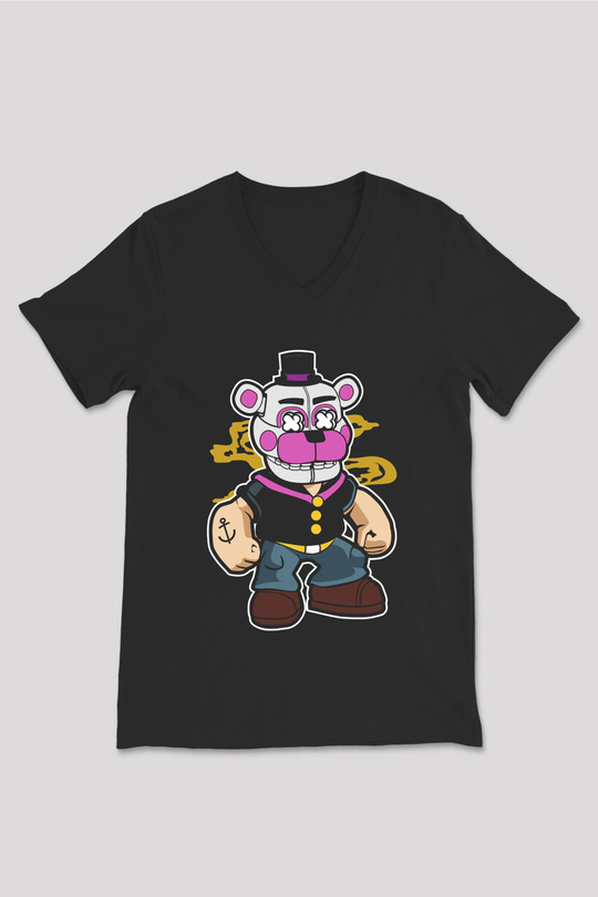Popeye Freddy Baskılı Unisex Siyah V Yaka Tişört