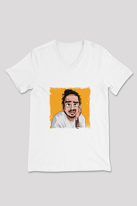 Post Malone Baskılı Beyaz V Yaka Unisex Tişört