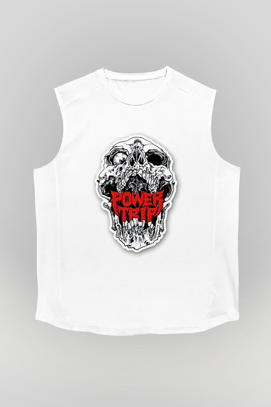 Power Trip Baskılı Beyaz Unisex Kolsuz Tişört - Tshirt