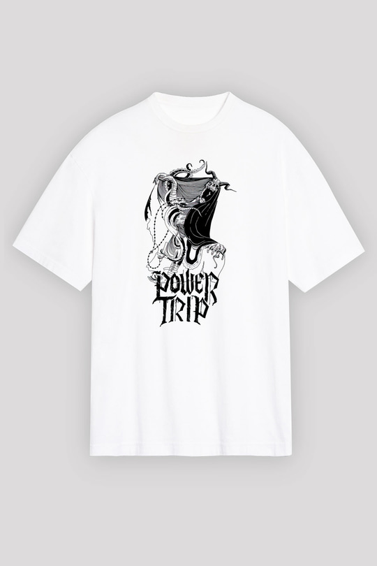 Power Trip Baskılı Beyaz Unisex Oversize Tişört - Tshirt