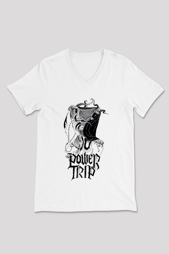 Power Trip Baskılı Beyaz Unisex V Yaka Tişört - Tshirt