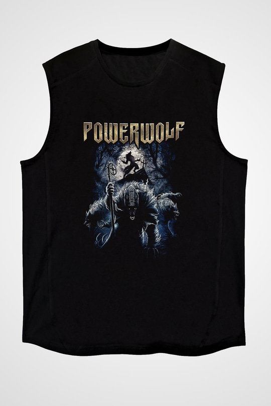 Powerwolf Baskılı Unisex Siyah Kolsuz Tişört - Tshirt