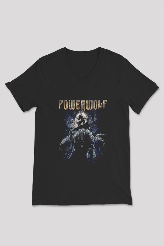Powerwolf Baskılı Unisex Siyah V Yaka Tişört - Tshirt