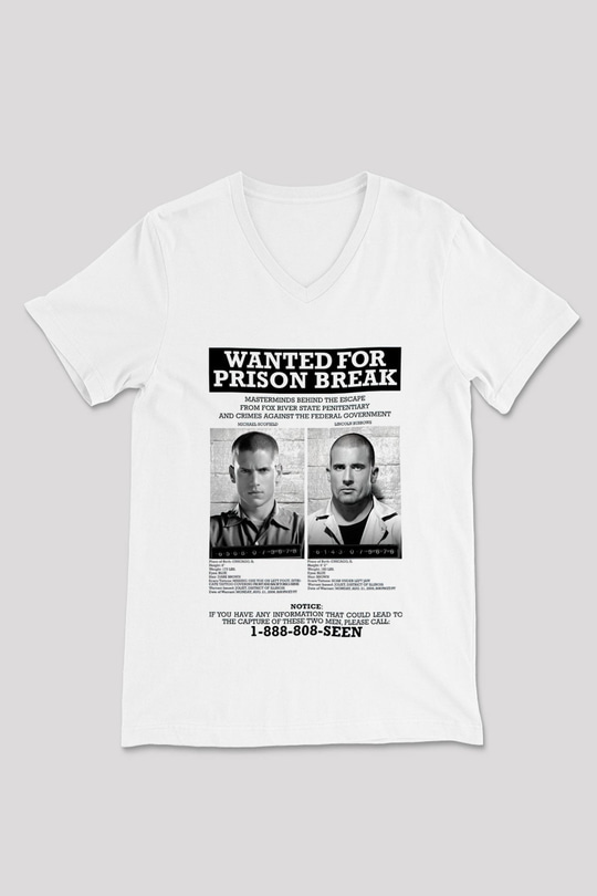 Prison Break Beyaz Unisex V Yaka Tişört T-Shirt