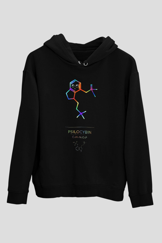 Psilosibin Baskılı Unisex Siyah Kapüşonlu Sweatshirt