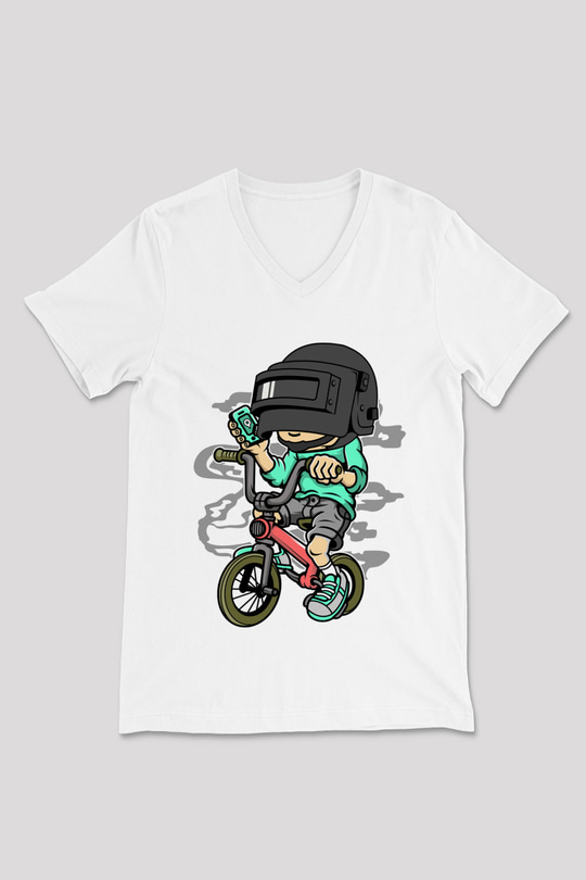 PUBG Biker Baskılı Unisex Beyaz V Yaka Tişört