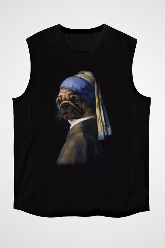Pug Baskılı Unisex Siyah  Kolsuz Tişört