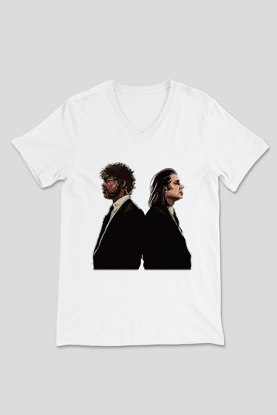 Pulp Fiction Beyaz Unisex V Yaka Tişört T-Shirt