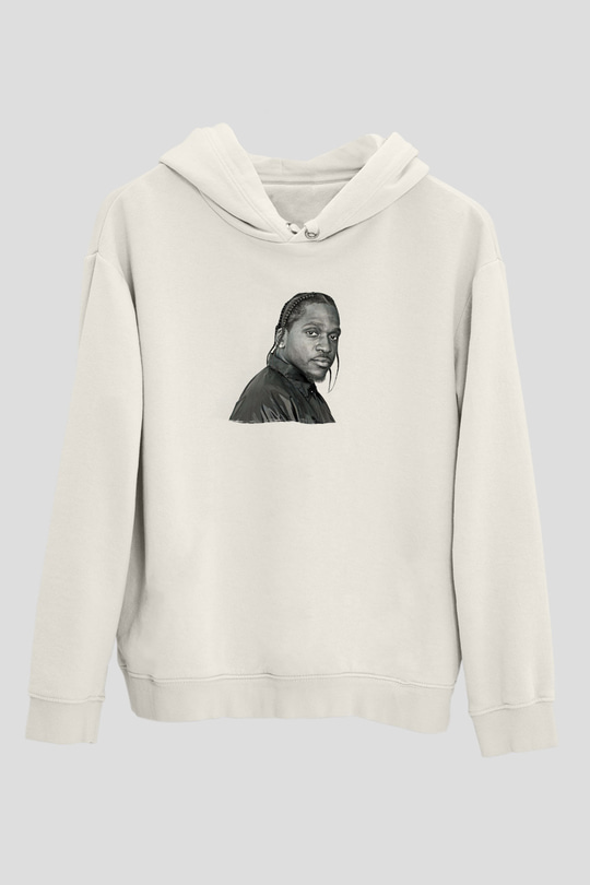 Pusha T Baskılı Beyaz Unisex Kapüşonlu Sweatshirt