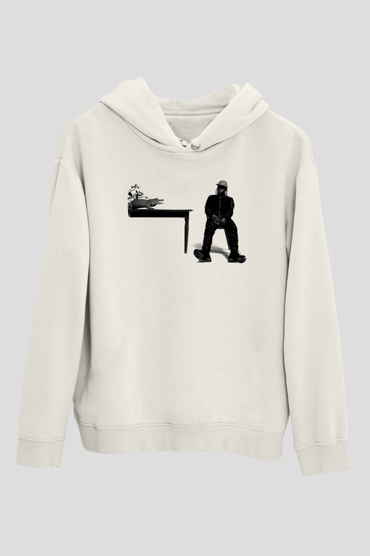 Pusha T Baskılı Beyaz Unisex Kapüşonlu Sweatshirt