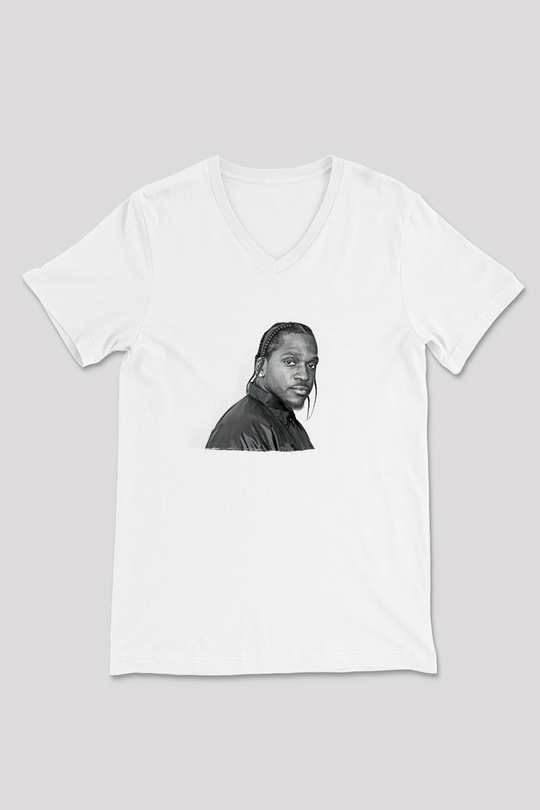 Pusha T Baskılı Beyaz Unisex V Yaka Tişört - Tshirt