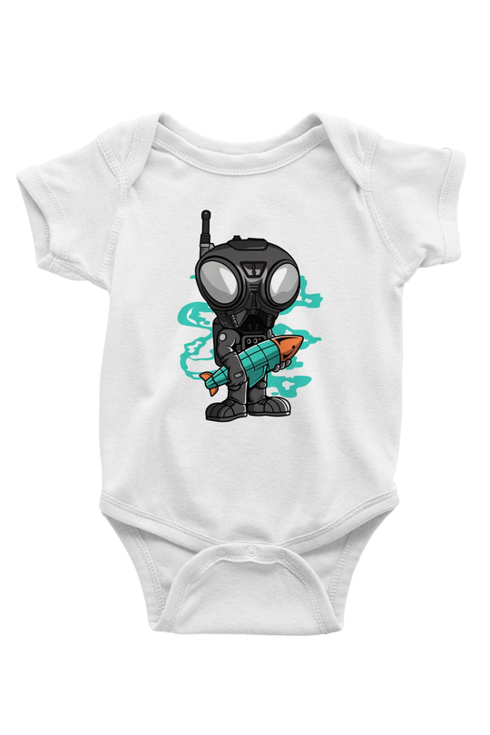 Q9-O Rocket Baskılı Beyaz Unisex Bebek Body - Zıbın