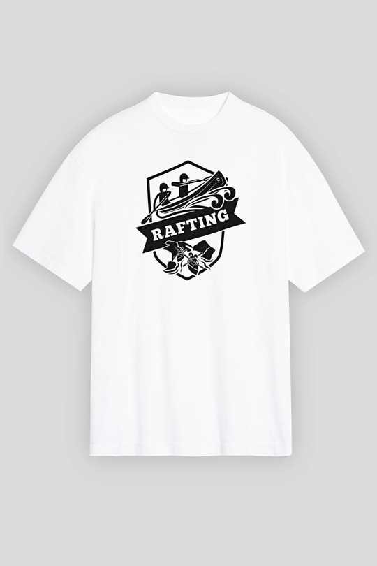 Rafting Baskılı Unisex Beyaz Oversize Tişört - Tshirt