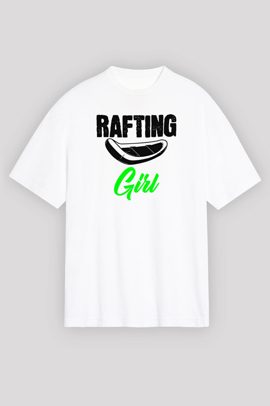 Rafting Baskılı Unisex Beyaz Oversize Tişört - Tshirt