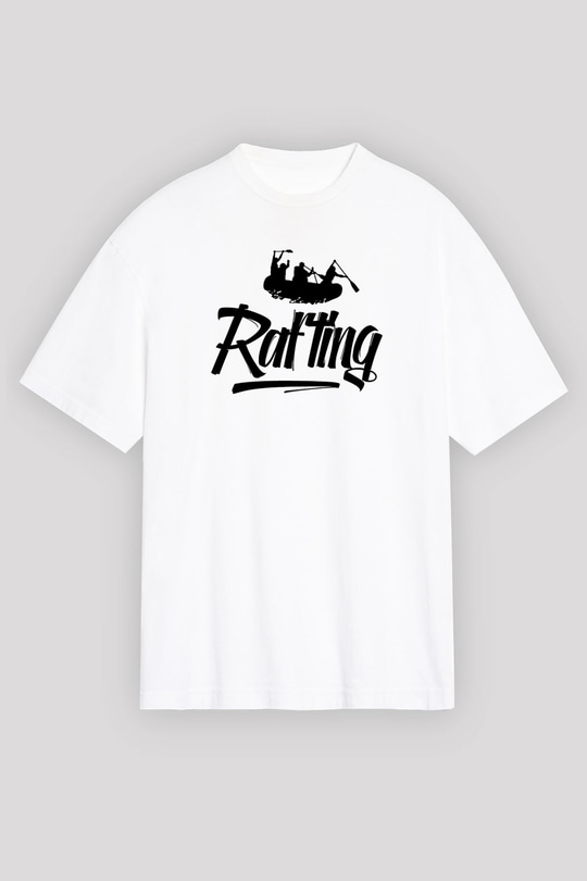 Rafting Baskılı Unisex Beyaz Oversize Tişört - Tshirt