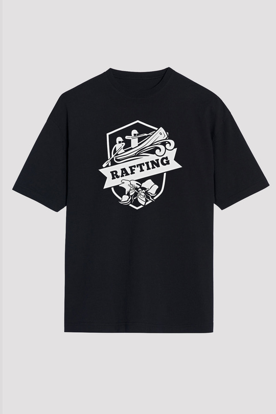 Rafting Baskılı Unisex Siyah Oversize Tişört