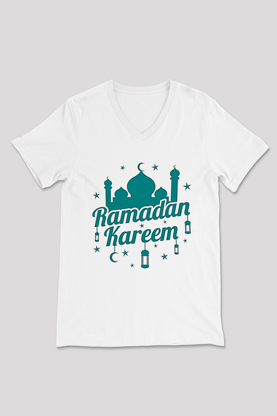 Ramazan Bayramı Baskılı Beyaz Unisex V Yaka Tişört - Tshirt