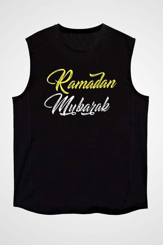 Ramazan Bayramı Baskılı Unisex Siyah Kolsuz Tişört - Tshirt