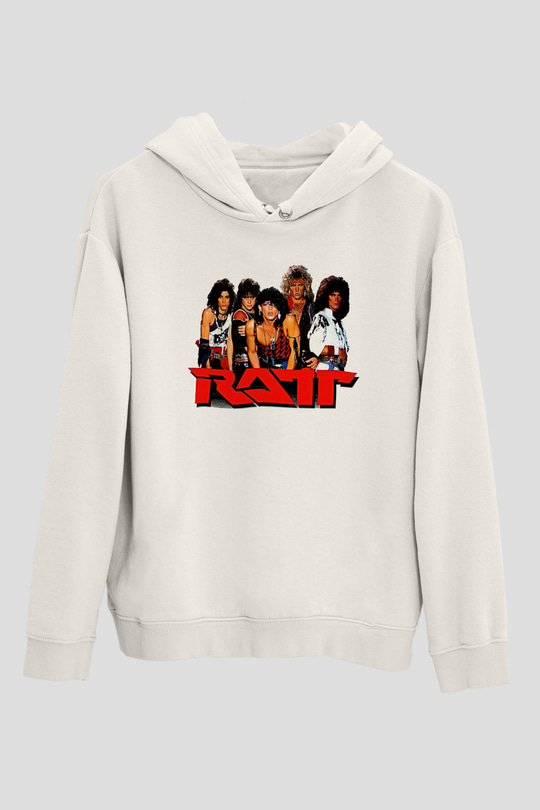 Ratt Baskılı Beyaz Unisex Kapüşonlu Sweatshirt