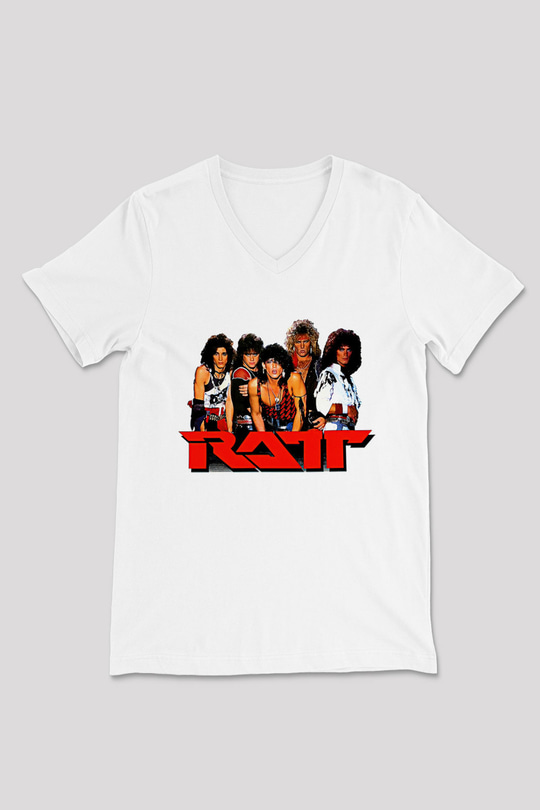 Ratt Baskılı Beyaz Unisex V Yaka Tişört - Tshirt