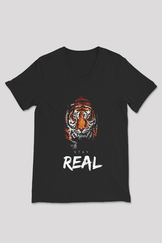 Real Stay Kaplan Baskılı Unisex Siyah  V Yaka Tişört