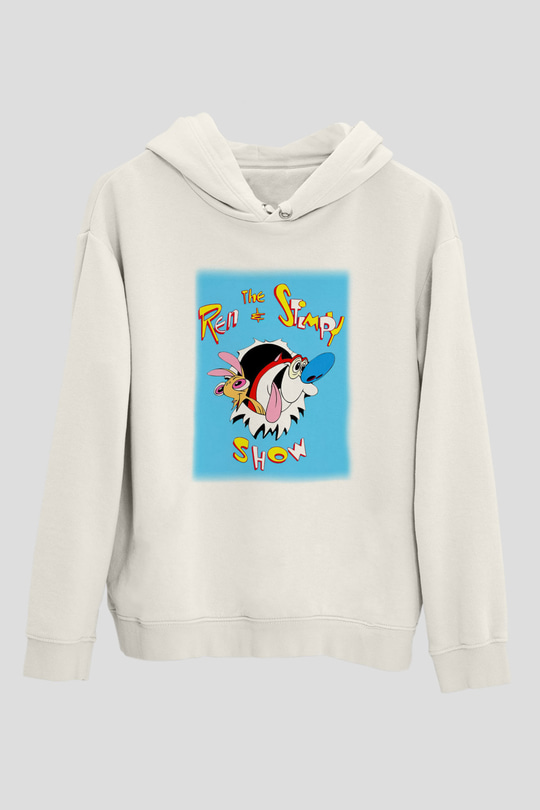 Ren and Stimpy Show Beyaz Unisex Kapşonlu Sweatshirt