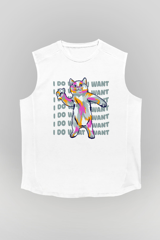 Renkli Kedi Baskılı Unisex Beyaz  Kolsuz Tişört