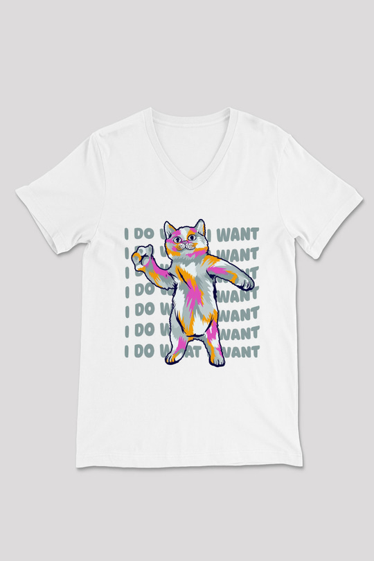 Renkli Kedi Baskılı Unisex Beyaz  V Yaka Tişört