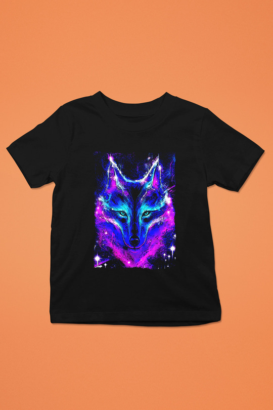 Renkli Kurt Baskılı Unisex Siyah  Çocuk Tişört